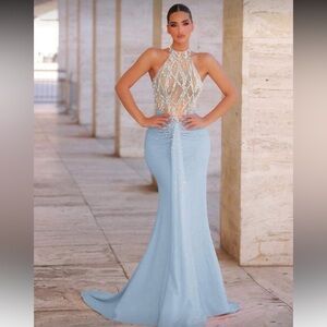 Elegant Blue Evening Gown with Pearls - Perfect for Christmas